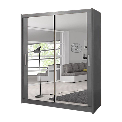 Milan Grey Modern Double Mirror Sliding Door Wardrobe With LED Light - Prime Furniture