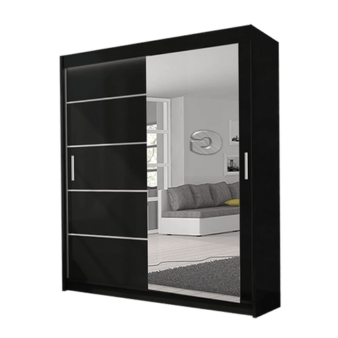Lyon Black Modern Double Mirror Sliding Door Wardrobe With LED Light - Prime Furniture