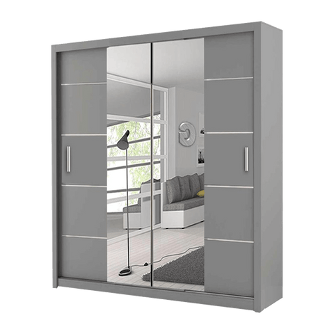 Oslo Grey Modern Double Mirror Sliding Door Wardrobe With LED Light - Prime Furniture