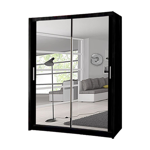 Milan Black Modern Double Mirror Sliding Door Wardrobe With LED Light - Prime Furniture