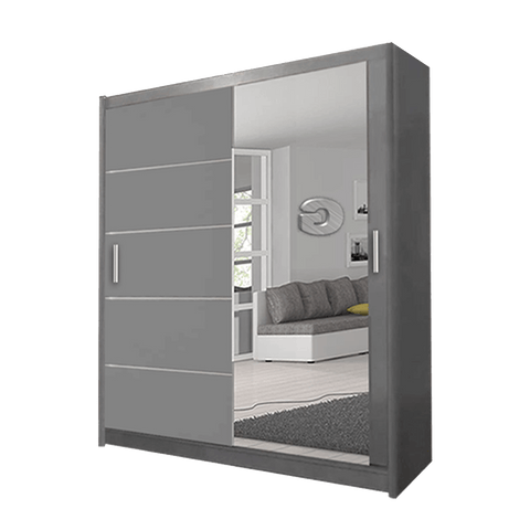 Lyon Grey Modern Double Mirror Sliding Door Wardrobe With LED Light - Prime Furniture